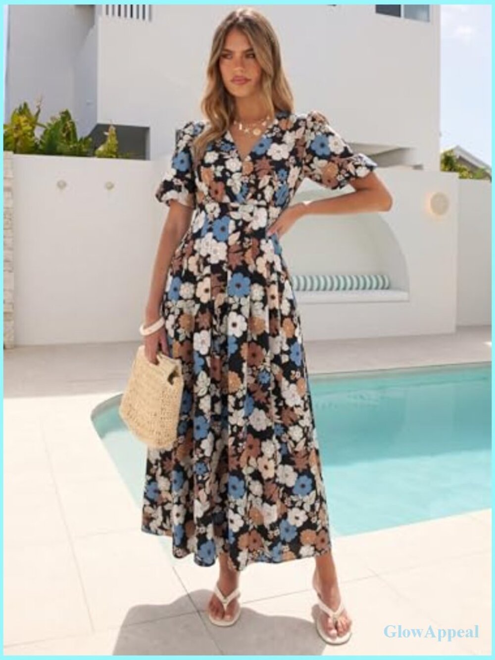 Floral A-Line Puff Sleeve Maxi Dress for Weddings & Parties - Picture 3 of 7